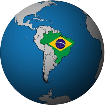 map with flag of brazil on isolated over white map of globe