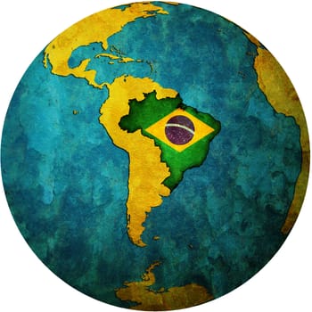 map with flag of brazil on isolated over white map of globe