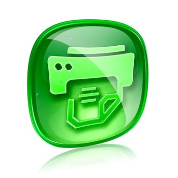 printer icon green glass, isolated on white background.