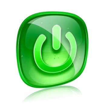 power icon green glass, isolated on white background.