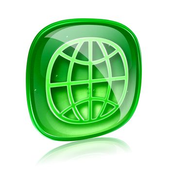 World icon green glass, isolated on white background.