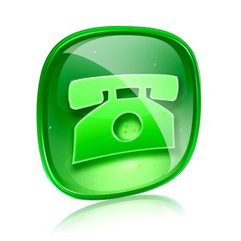 phone icon green glass, isolated on white background.