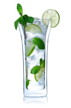 Mojito cocktail in double-wall glass isolated on white. Soft reflection.