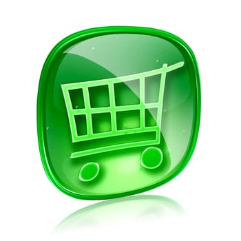 shopping cart icon green glass, isolated on white background.