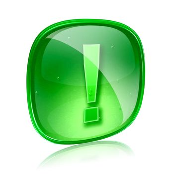 Exclamation symbol icon green glass, isolated on white background