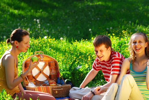 Friends on picnic at sunny day 