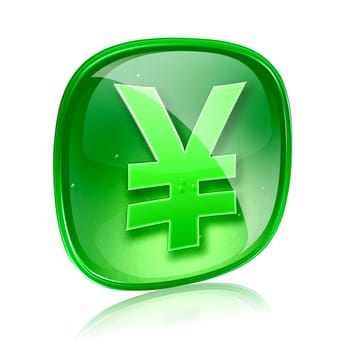 Yen icon green glass, isolated on white background