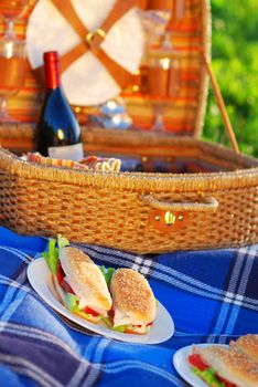 Picnic sandwiches in front of basket