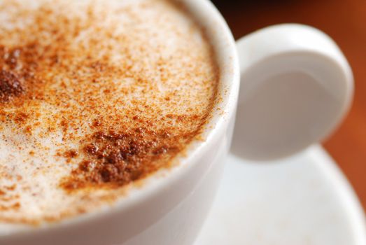 Cup of cappuccino with cinnamon close up