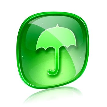 Umbrella icon green glass, isolated on white background