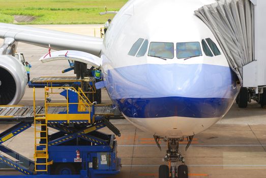 Plane in airport getting ready to fly