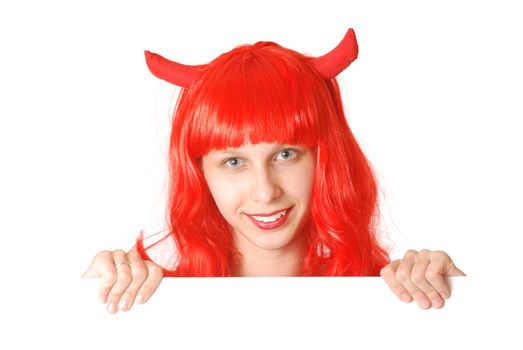 Devil halloween girl with a signboard over white