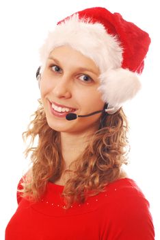 Girl with headset in Santa's hat, isolated on white