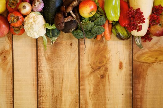 Frame New Harvest Autumn Yield with Vegetables, Fruits, Mushrooms and Berries closeup on Wooden background