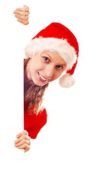 Girl in Santa's hat with a signboard, isolated on white