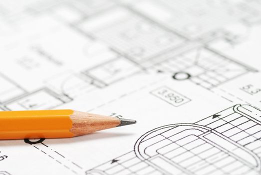 Pencil over house plan blueprints