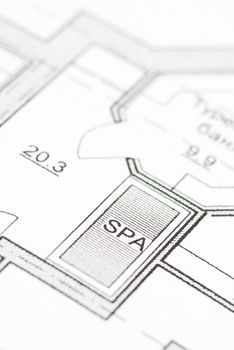 House plan blueprints close up, SPA zone