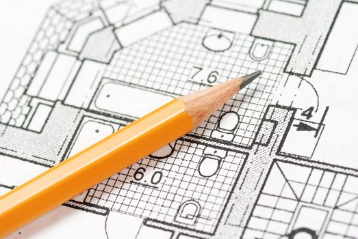 Pencil over house plan blueprints