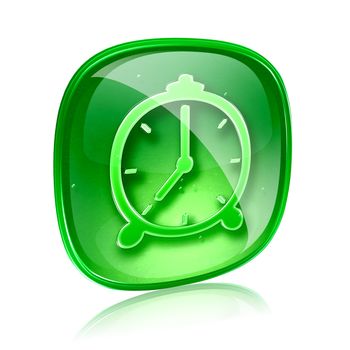 Clock icon green glass, isolated on white background