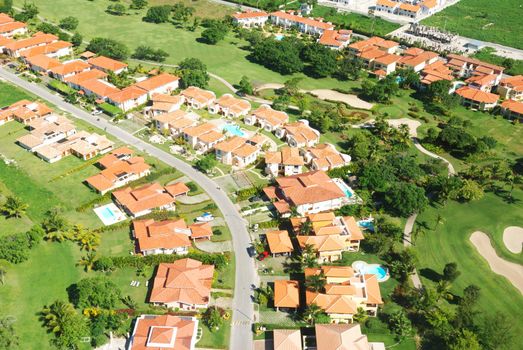 Residential district aerial view from helicopter