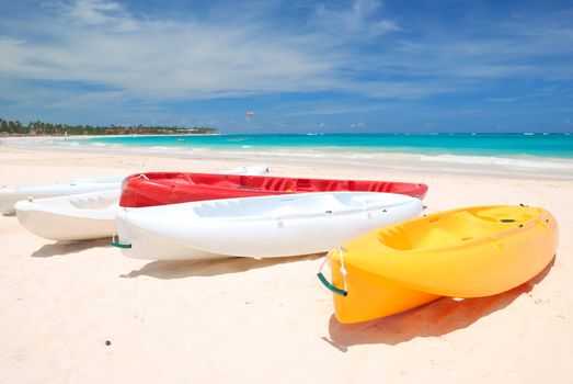 Kayaks on a beautiful caribbean beach