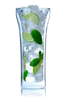 Mojito cocktail in double-wall glass isolated on white. Soft reflection.