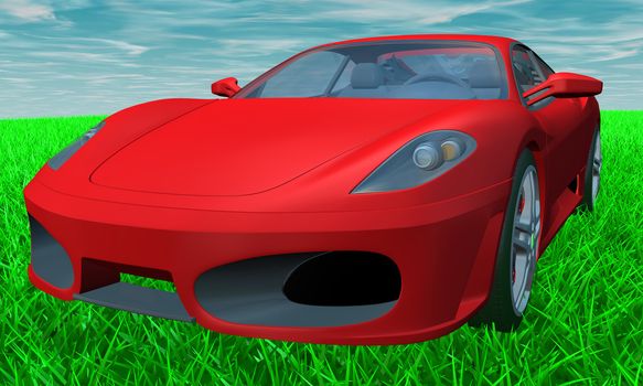 Sport red car 3D render illustration over grass