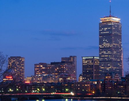 Boston's Back Bay skyline and Charles River at dusk