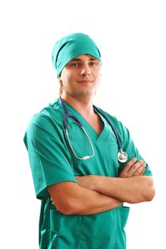 Doctor with stethoscope over white