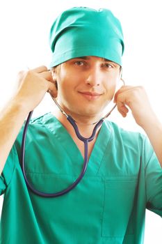 Doctor holding stethoscope isolated on white