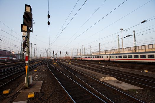 Signal and tracks in a German rail yard