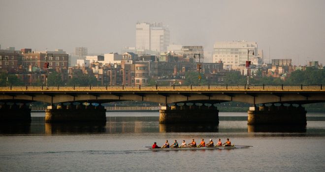 Rowers on the Charles River at sunrise