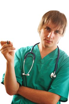 Doctor with stethoscope holding pen