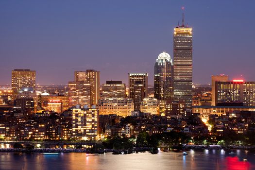 Boston's Back Bay skyline at dusk, aerial