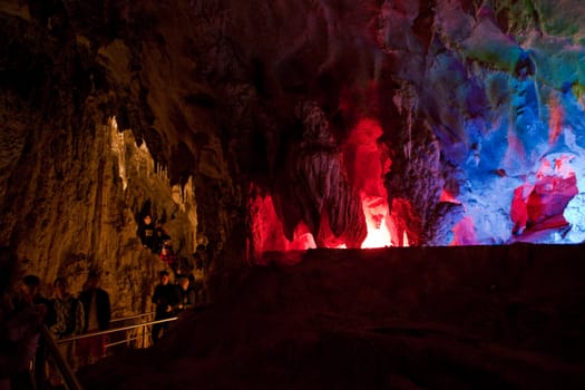 Colored lights in Chiefly Cave, Jenolan Caves, Australia