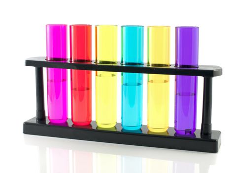  glass tubes in pink yellow red and bleu isolated on white