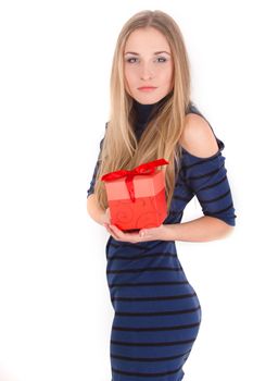 Beautiful woman with present, portrait of happy female with gift, girl giving and getting gift concept, holidays