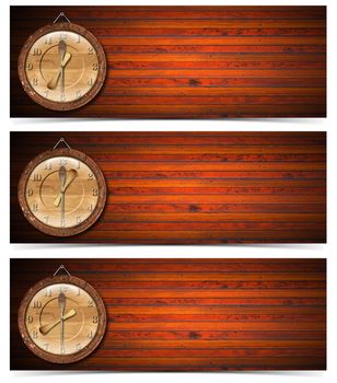 Set of wooden banners with wood clock - breakfast, lunch and dinner time
