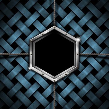 Business background with hexagonal frame on blue metal braided background
