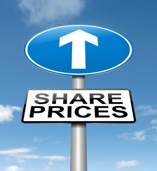 Illustration depicting a roadsign with a share price concept. Blue sky background.