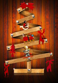 Stylized Christmas tree decorated with Christmas objects on wooden background

