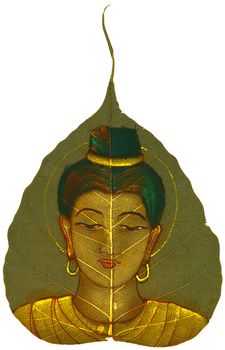 Peepal Leaf hand-painted depicting young Indian woman on white background
