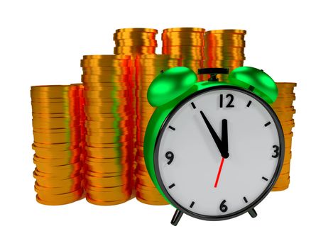 Alarm clock and coins on ywhite background