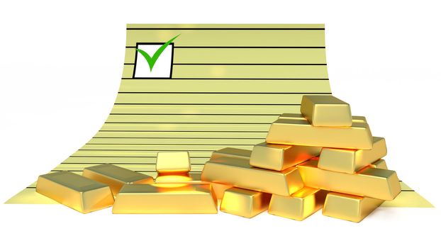 Gold bars and document paper on the white background