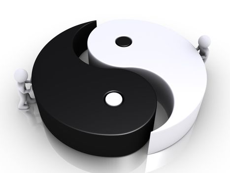 Two 3d people are pushing the two parts of a yin and yang symbol