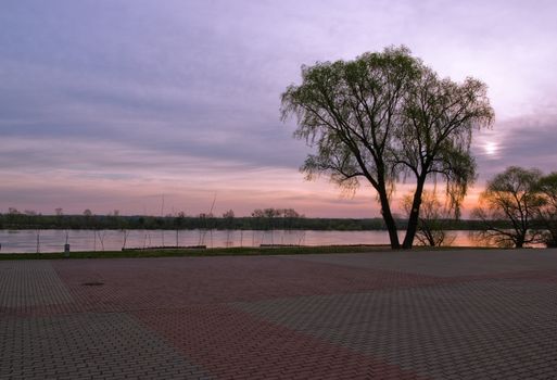 sunrise, the sun, the river, the light, the promenade, the beauty