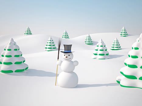 The winter landscape with trees and snowman