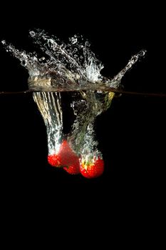 Colored red paprika in water splashes on black background