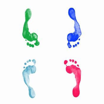 Colourful human foot prints on white background