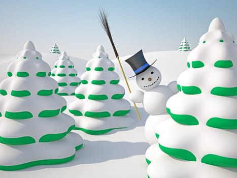 The winter landscape with trees and snowman